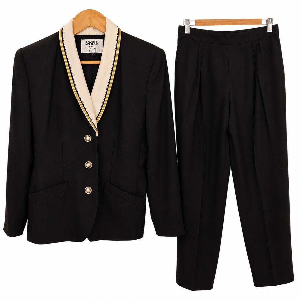 Kasper A.S.L. Petite 6P Black 2 Piece Pant Suit Vintage Power Suit Gold Pearl